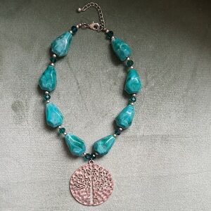 Elegant Teal and Gold Tree Pendant Necklace
